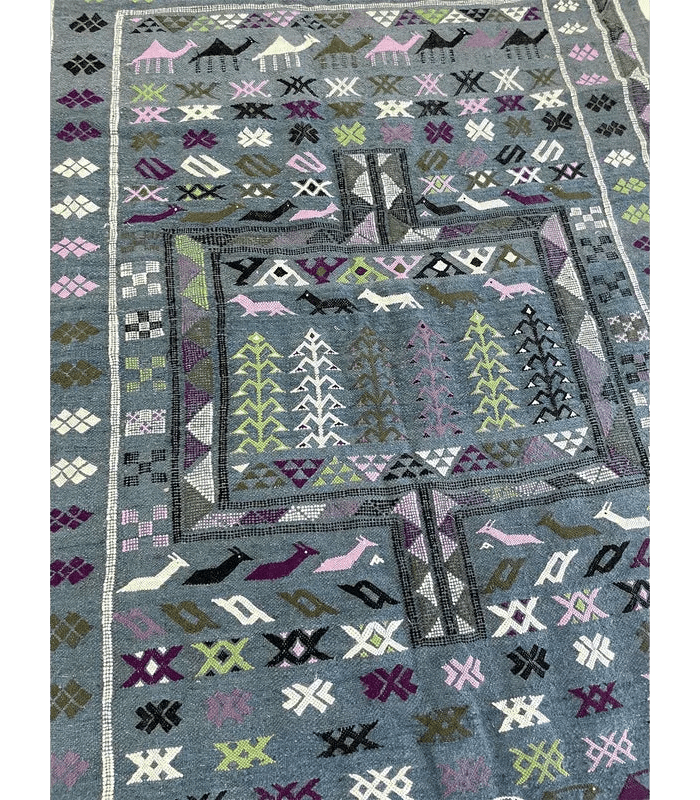Moroccan Boujad Flatweave Wool Rug, 4 ft 1 in × 5 ft 11 in Blue, Purple & Green - Cooperative Atma