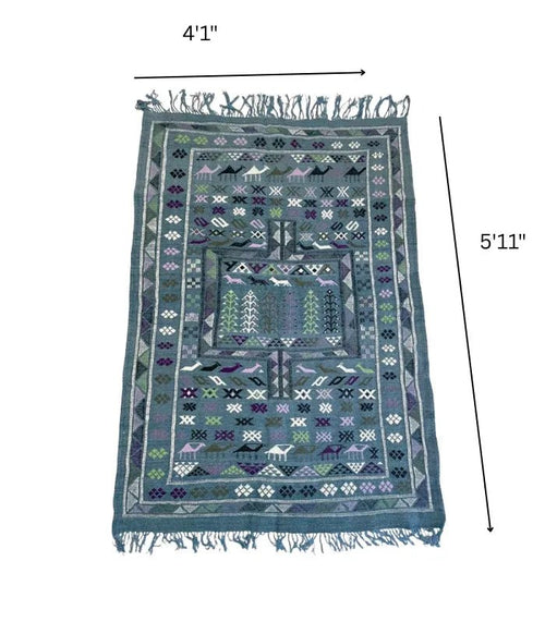Moroccan Boujad Flatweave Wool Rug, 4 ft 1 in × 5 ft 11 in Blue, Purple & Green - Cooperative Atma