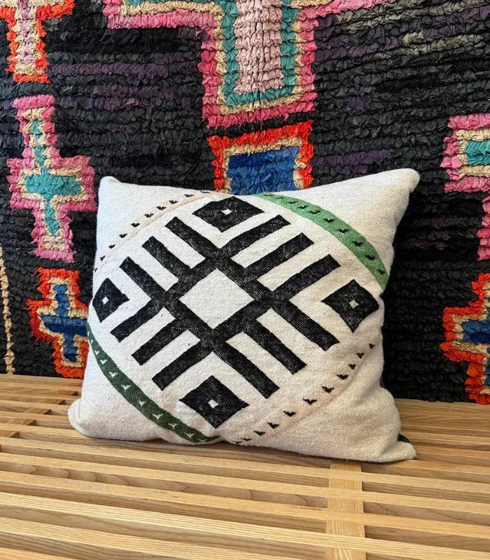 Moroccan Geometric Lumbar Pillow – 18 in × 20 in, White, Black & Green - Cooperative Atma