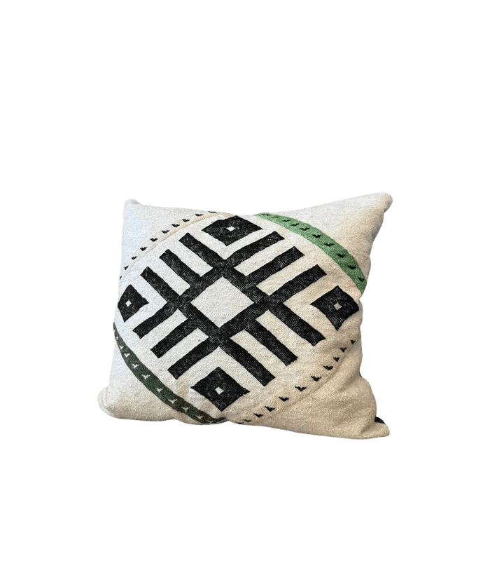 Moroccan Geometric Lumbar Pillow – 18 in × 20 in, White, Black & Green - Cooperative Atma