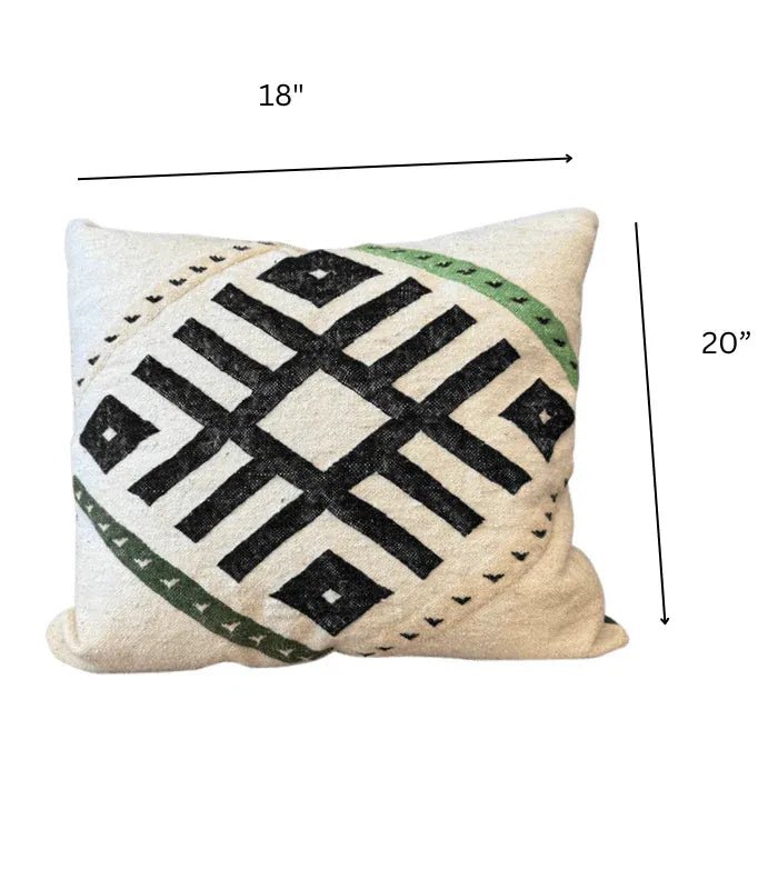 Moroccan Geometric Lumbar Pillow – 18 in × 20 in, White, Black & Green - Cooperative Atma