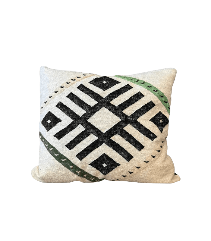 Moroccan Geometric Lumbar Pillow – 18 in × 20 in, White, Black & Green - Cooperative Atma