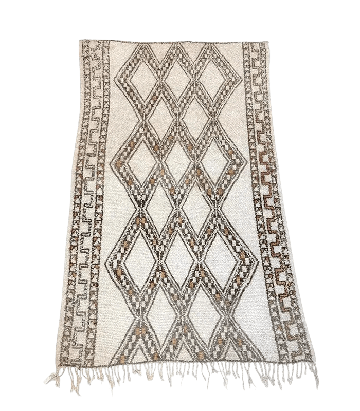 Moroccan Ourain Wool Rug – 5 ft 3 in × 8 ft 1 in, White & Brown - Cooperative Atma