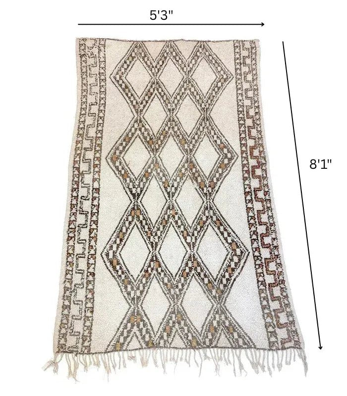 Moroccan Ourain Wool Rug – 5 ft 3 in × 8 ft 1 in, White & Brown - Cooperative Atma