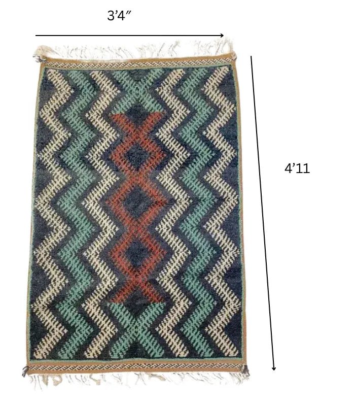 Moroccan Small Akhanif Wool Rug – 3 ft 4 in × 4 ft 11 in, Blue & Multi - color - Cooperative Atma