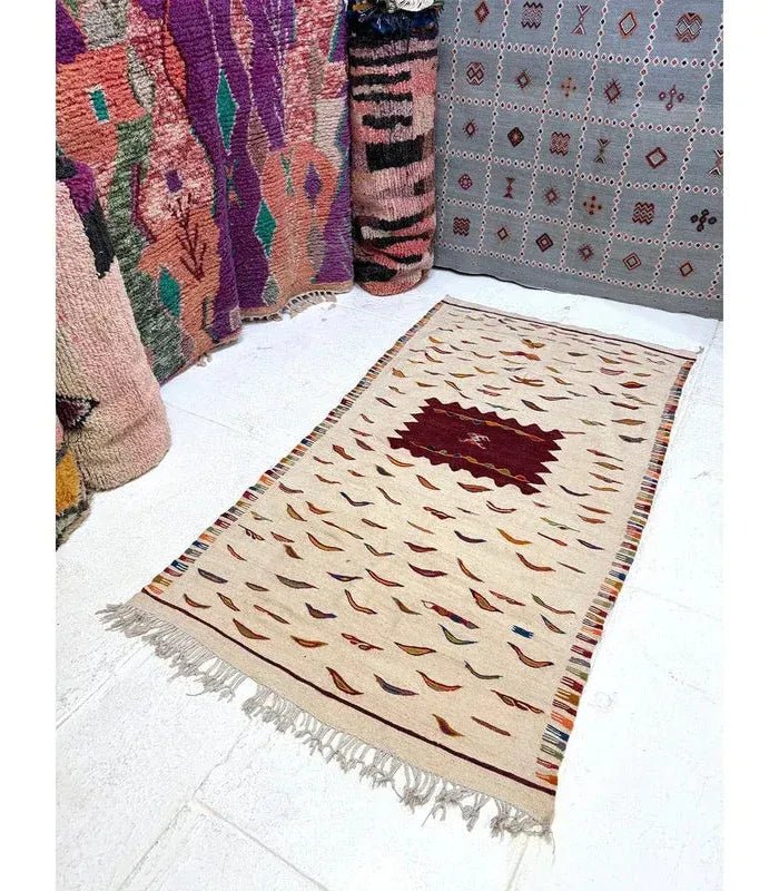 Moroccan Small Kharita Wool Rug , 3 ft 5 in × 5 ft 2 in White & Multi - color - Cooperative Atma