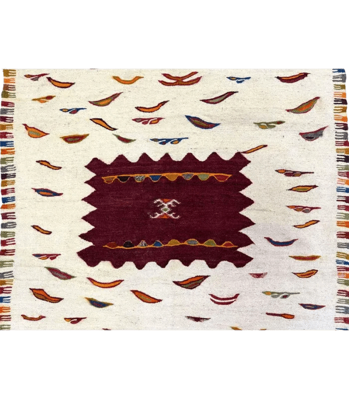 Moroccan Small Kharita Wool Rug , 3 ft 5 in × 5 ft 2 in White & Multi - color - Cooperative Atma