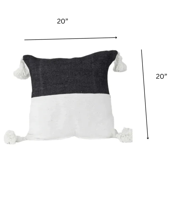 Moroccan Wool Pom - Pom Cushion Cover – 20 in × 20 in, White & Black - Cooperative Atma