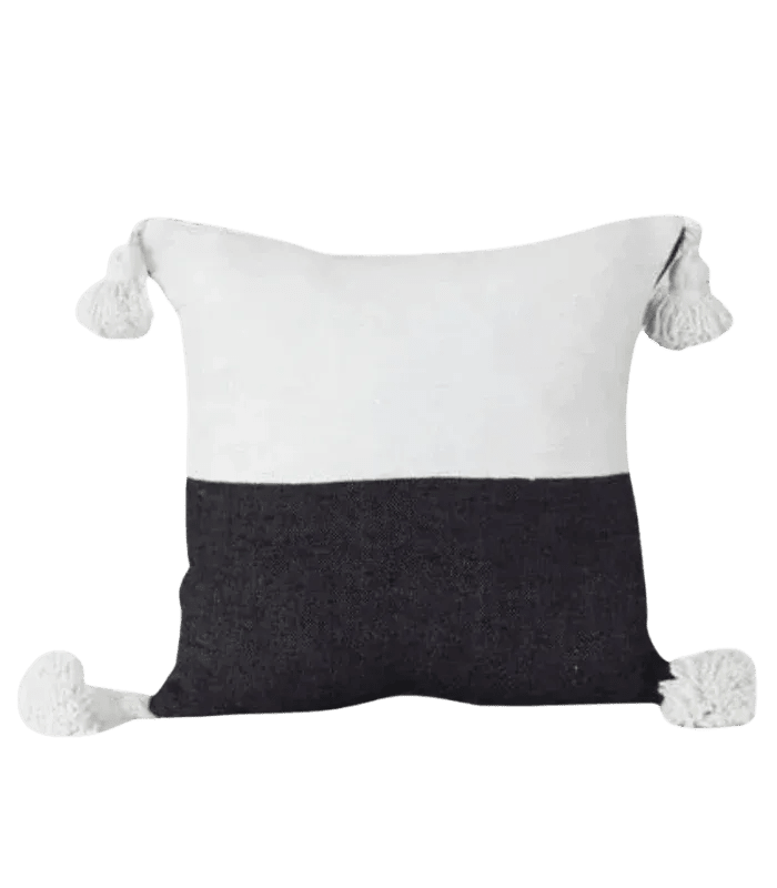 Moroccan Wool Pom - Pom Cushion Cover – 20 in × 20 in, White & Black - Cooperative Atma
