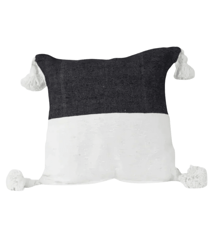 Moroccan Wool Pom - Pom Cushion Cover – 20 in × 20 in, White & Black - Cooperative Atma