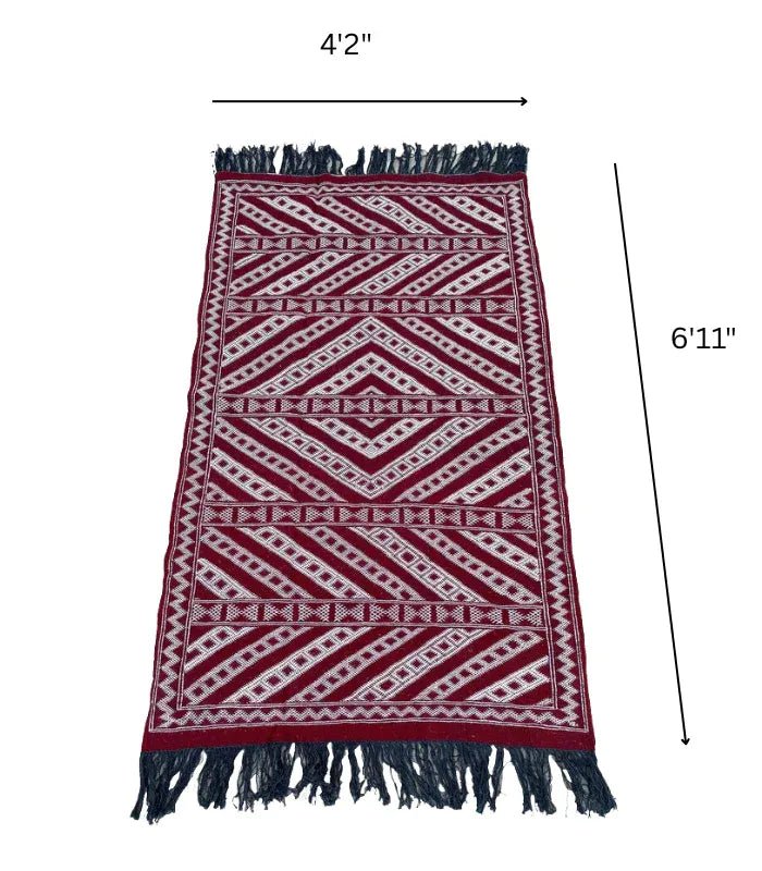 Moroccan Zemmouri Kilim Wool Flatweave Rug, 4 ft 2 in × 6 ft 11 in Red & White - Cooperative Atma